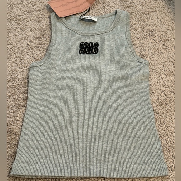 Beaded Logo Ribbed High Neck Tank Gray Medium - Picture 2 of 6